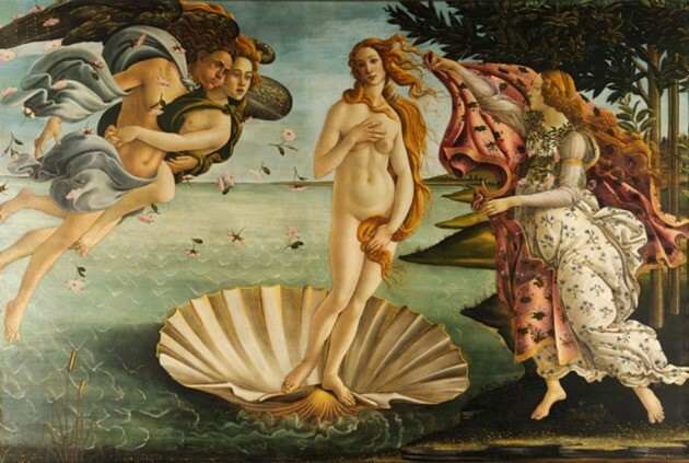 O Nascimento de Vênus - tempera na plátně, 1,72 m x 2,78 m, 1483 - Sandro Botticelli - Galleria degli Uffizi, Florença