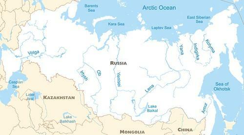 मानचित्र के साथ रूस की नदियाँ - आर्कटिक महासागर की ढलान की नदियाँ