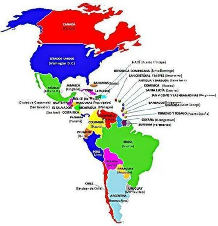 Lande og hovedstæder i verden efter kontinenter - Lande og hovedstæder i Amerika med kort