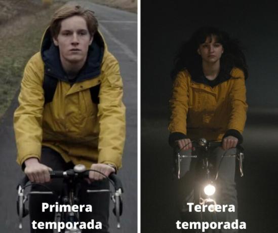 Comparative frame in which Jonas appears on a bicycle and Martha the same in different seasons