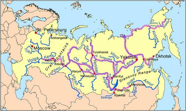 मानचित्र के साथ रूस की नदियाँ