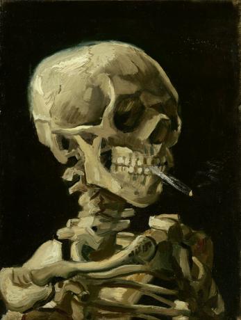 1885-1886 Vincent_van_Gogh _-_ Head_of_a_skeleton_with_a_burning_cigarette 32 cm × 24,5 cm van Goghovo múzeum v Amsterdame