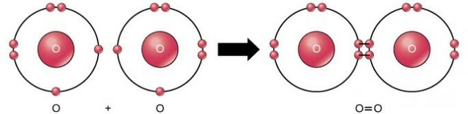nepolární dvojná kovalentní vazba mezi dvěma atomy kyslíku