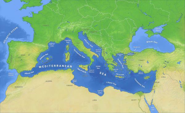 Medelhavet: plats och egenskaper - Medelhavets läge på världskartan