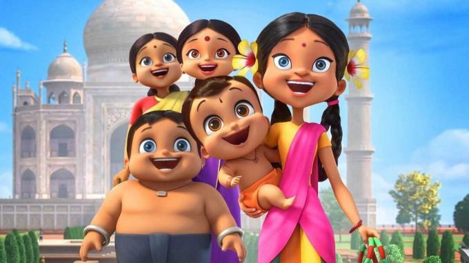 dinner of the film The Little Powerful Bheem shows Indian family in front of the Taj Mahal in the form of a drawing