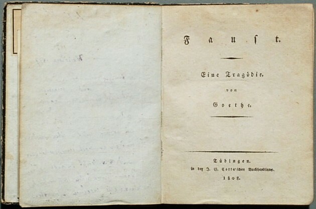 Первое издание «Фауста» (1808 г.), трагической поэмы, написанной Гете, оказавшей центральное влияние на композицию Богемской рапсодии, две королевы.