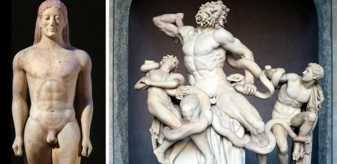 homem em pe와 뱀에 등록된 다른 3개의 homens를 전시하는 그리스 조각