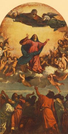 Tizianova misija Assunção da Virgem prikazuje Marijo, ki vstaja kot apostola, ki se bori.
