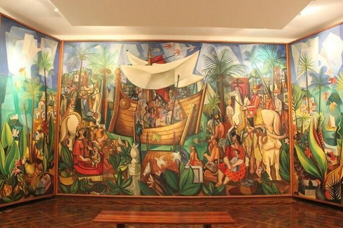 Painel Navio Negreiro, Di Cavalvanti. Hij portretteert een scheepschegando met zwarten in een kleurrijk landschap