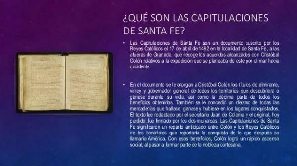 การเดินทางของคริสโตเฟอร์ โคลัมบัส - เรื่องย่อ - The Capitulations of Santa Fe เอกสารระหว่างโคลัมบัสกับราชาคาธอลิก 