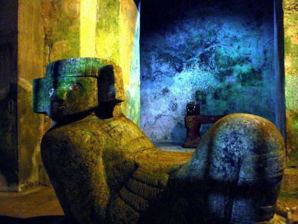 Interior of El Castillo. Chac mool sculpture detail.