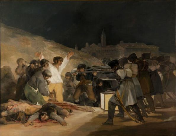 Obraz Goyi przedstawiający fuzilamento, na którym ubrany na biało homem czeka z otwartymi ramionami na zamach