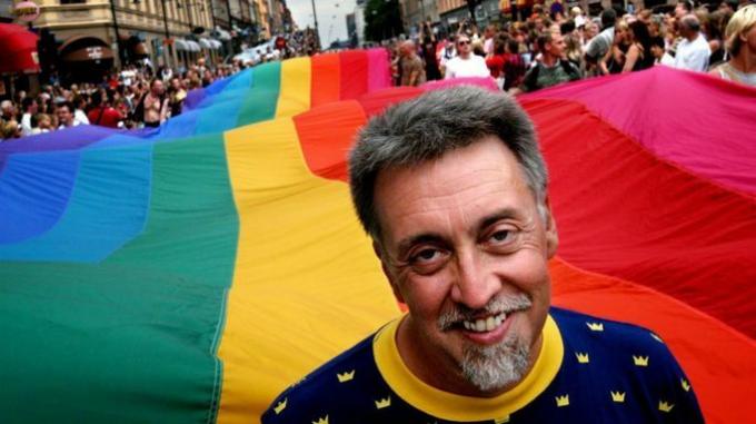 Portrait of Gilbert Baker, in 2003, at the Pride Parade in Stockholm.