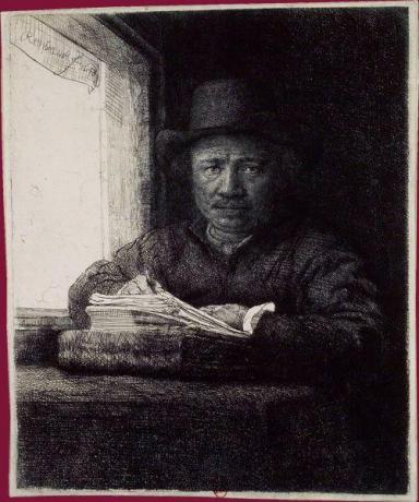 Rembrandt a autoportrét - Kresba autoportrétu pri okne (1648)