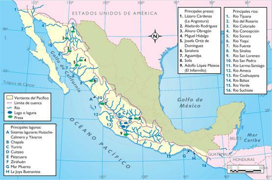 მექსიკის მდინარეები - რუქაზე - მექსიკის მდინარეები დასავლეთ ან წყნარი ოკეანის ფერდობებზე