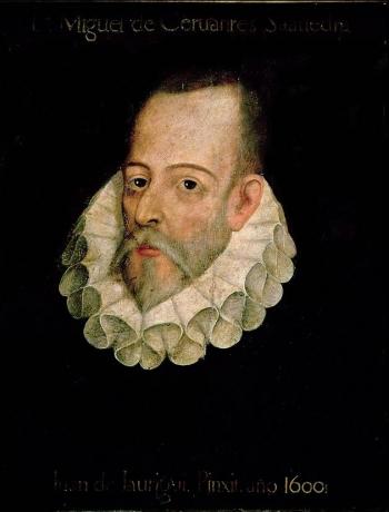 Retrato de Miguel de Cervantes pintado por Juan de Jauregu (1600).