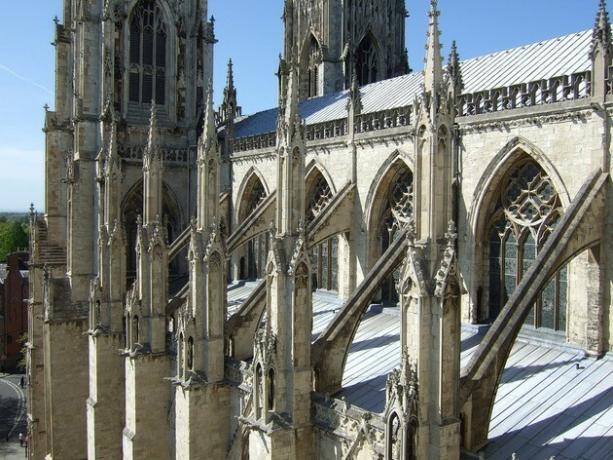 Detail of flying buttresses and buttresses. York Minster, England.