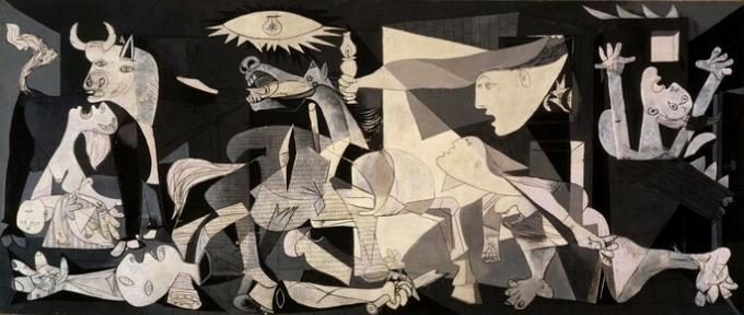 पिकासो द्वारा ग्वेर्निका पेंटिंग, युद्ध के रात्रिभोज में काले और सफेद रंग में आंकड़े प्रदर्शित करती है