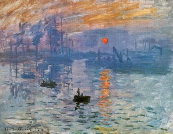 Quadro-ul lui Monet înfățișează o navă în mare într-un peisaj înnorat și soare răsărit
