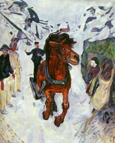 Edvard Munch: Cválající kůň, 1912, olej na plátně, 148 x 120 cm, Munchovo muzeum, Oslo.
