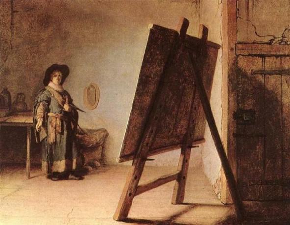 Рембрандт і автопортрет - Художник у своїй майстерні (1626-1628), автопортрет Рембрандта