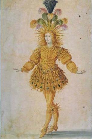Representação do rei Louis XIV mengenakan topi matahari