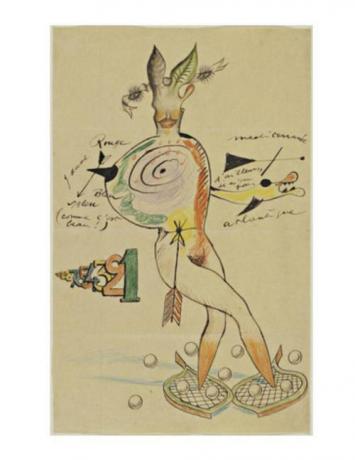 Exemplu de cadavru Exquisit doi artiști Yves Tanguy, Joan Miró, Max Morise și Man Ray.