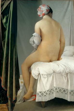 Quadro A banhista de Valpinçon โดย Ingres แสดงภาพผู้หญิงคนหนึ่งจากชายฝั่งนั่งอยู่บนเตียง