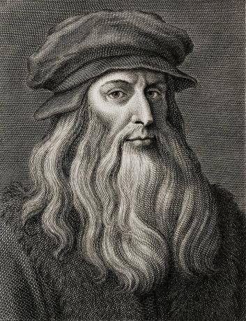 portrett av Leonardo da Vinci viser hjem i profil med langt skjegg og beret