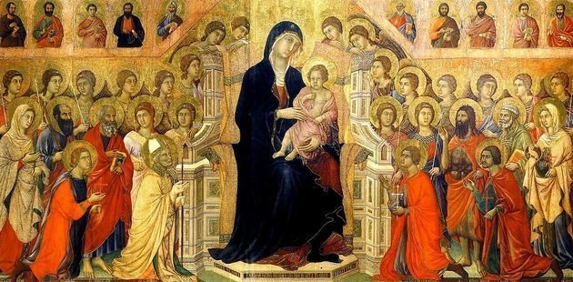 Peinture médiévale présentant menino Jésus assis no colo de Maria ao redor de muitas pessoas