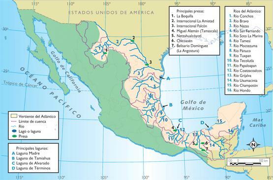 Mehhiko jõed - kaardiga - Mehhiko jõed ida- või Atlandi nõlvadel