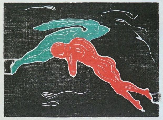 Edvard Munch: Stretnutie vo vesmíre, 1898, drevoryt.