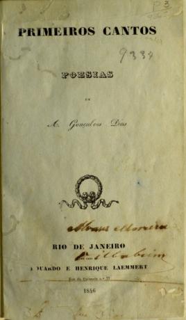 Capa da edição do livro cantos Primeiros, מאת Gonçalves Dias, שוחרר בשנת 1846.